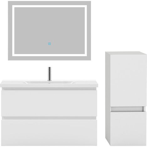 Ensemble meuble de salle de bain 80cm, vasque céramique + colonne bas + LED miroir, blanc