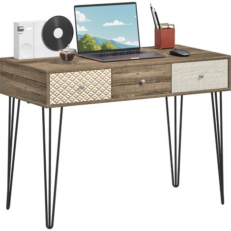Bureau bohème avec pieds en fourche et 3 tiroirs, Meubles de Bureau, Coiffeuse, Chambre, 105 x 50 x 75 cm Bois (1/5)