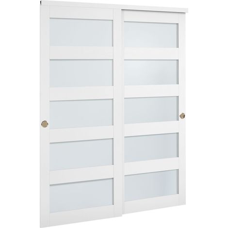 Porte coulissante de placard 1524 mm (double 787 mm) x 2032 mm, 5 carreaux en verre dépoli, système à galandage avec kit de quincaillerie, panneau bois massif et MDF finition PVC hydrofuge pour chambr (1/5)