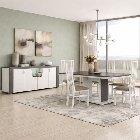 Ensemble séjour buffet et table repas blanc et imitation granit gris - NEWELL
