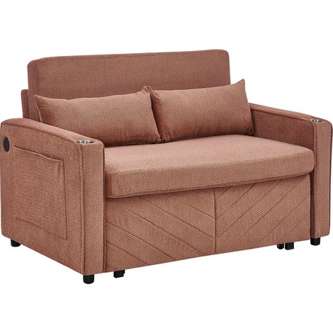 ELVMI Sofá Cama 2 Plazas con USB, Función Cama y Chaise Longue, en Madera y Tela, Naranja (1/5)