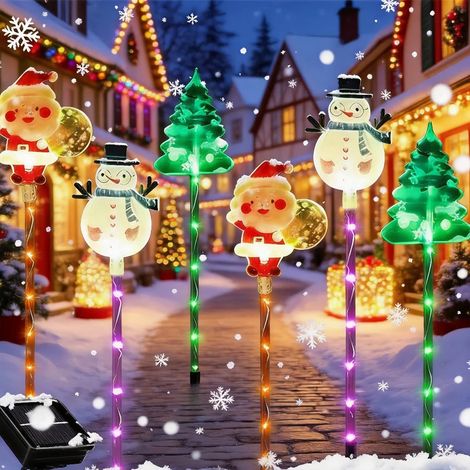 Lampes solaires jardin Père Noël avec arroseur, lot 1+6 motifs Père Noël sapin bonhomme de neige, lampe pelouse extérieure étanche, décoration lumineuse de Noël (1/3)