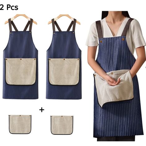 Zweiteiliges Küchenschürzen-Set – Wasserdichte, gestreifte Latzhose – Back- und Kochschürze – Kochschürze mit gekreuzten Trägern – Unisex – blau (1/4)