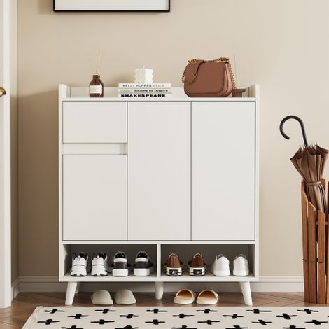 Meuble de rangement blanc 90x35x99 cm avec étagères réglables, buffet bas, meuble à chaussures 5 portes, pieds en bois massif (1/5)