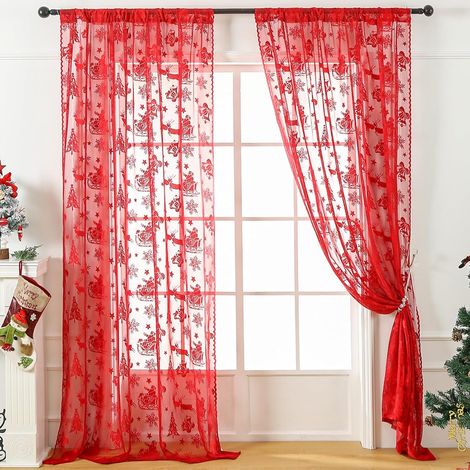 Tenda trasparente ricamata con motivo di Babbo Natale, tende anti-mosche in pizzo rosso, decorazione natalizia, 140x200 cm x 2 pezzi (1/5)