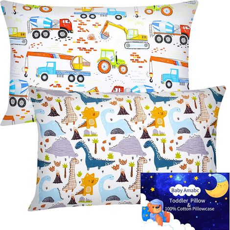 Lot de 2 taies d'oreiller 100 % coton pour bébé et tout-petit - 40 x 60 cm - Cadeaux pour la fête des enfants - Véhicules de construction dinosaures (1/5)