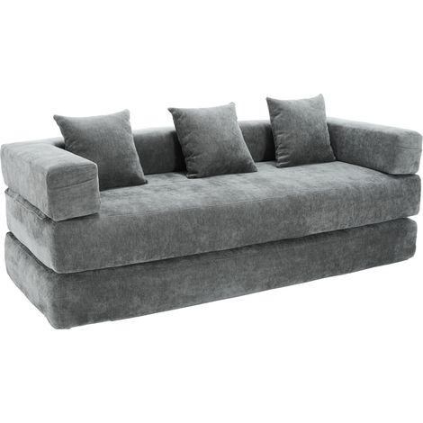 Divano letto, divano da 3 posti con tasche laterali e base antiscivolo, 3 cuscini, in tessuto felpa (chenille), grigio (1/5)
