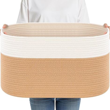 Laundry Basket, Cotton Rope Storage Basket, Baby Toy with Handles, (Jute and White) (1/5)