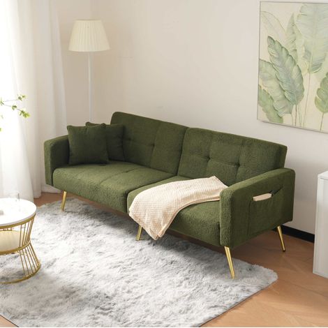 Divano letto 175x64x72 cm verde antico in tessuto effetto lana con schienale reclinabile e tasche laterali (1/5)