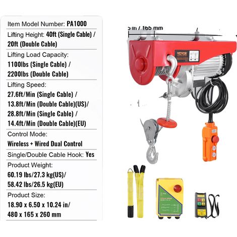 Treuil Électrique, Double Commande, Capacité de Charge de 2200 lbs, 2200lbs (1/2)