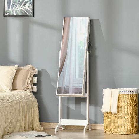 Miroir Bijou sur Pied avec Angle Ajustable et Fentes pour Boucles d'Oreilles, Bagues et Colliers 46x36,5x151,5 cm Blanc