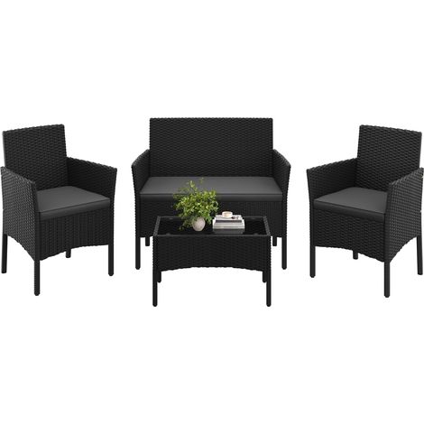 Yaheetech Ensemble de Salon de Jardin 4 Pièces Table en Polyrotin Extérieur Causeuse 2 Fauteuils avec Coussins pour Terrasse Balcon Véranda Noir/Gris (1/5)