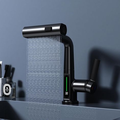 Robinet de cuisine en cascade avec pulvérisateur en acier inoxydable brossé nickel robinet de cuisine amovible robinet de bar commercial de ferme rotatif, noir