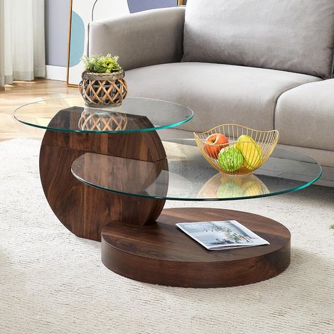 Table basse minimaliste moderne à deux niveaux en verre de sécurité, design à plusieurs niveaux, structure de support en MDF (1/5)