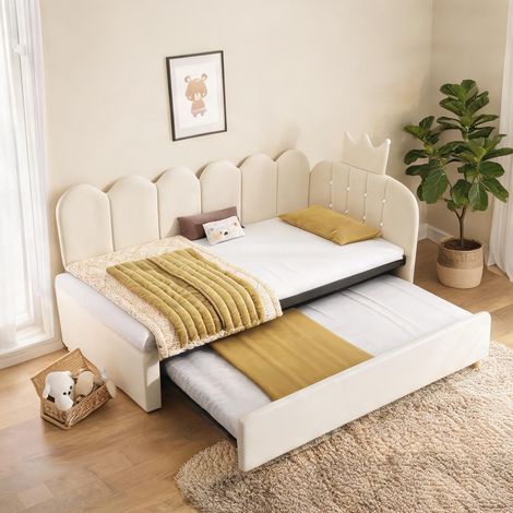 Cadre de lit beige en velours 203 x 98 x 95 cm (1/5)