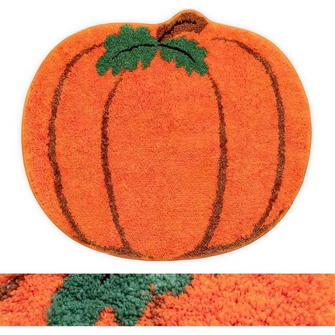 Tapis de bain d'Halloween orange en forme de citrouille automnale, tapis de bain mignon et absorbant en peluche, tapis de porte de salle de bain. (1/5)