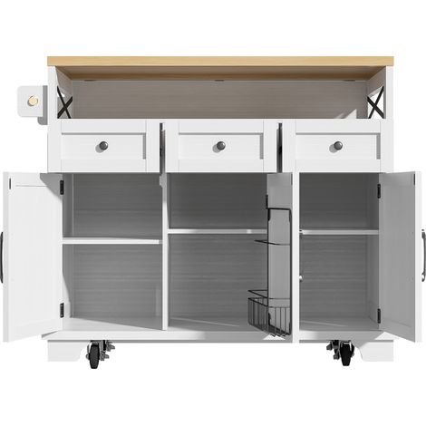 Îlot de cuisine moderne (118×43×98 cm), meuble de cuisine et de salle à manger avec aspect veinage bois, chariot sur roulettes avec rangement multifonction, cloisons amovibles, porte-serviettes, blanc (1/5)