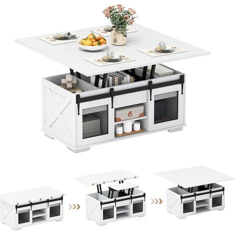 COSTWAY Lift Top Coffee Table with 2 Sliding Barn Doors and Open Shelves White (1/5)