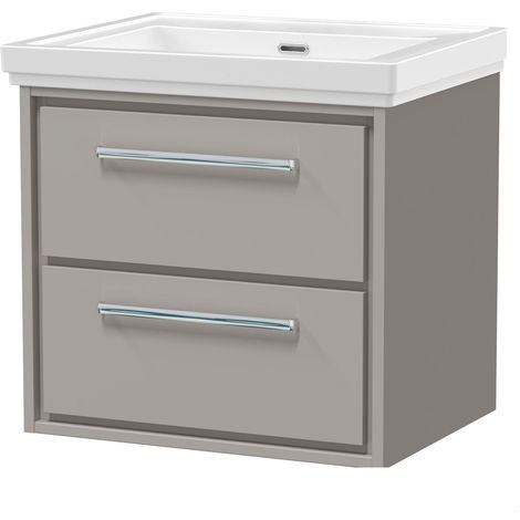 Balterley Longnor Modern Wall Hung 2-Drawer Bathroom Vanity with Fireclay Basin, Pebble Grey, 600mm