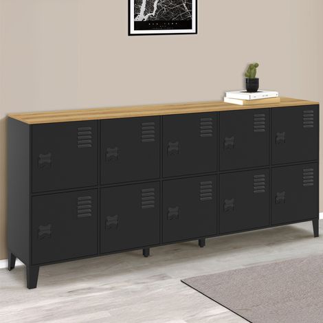 180cm ESTER cómoda de 10 puertas de metal negro con tapa de madera de diseño industrial