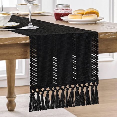 Tafelloper - Macramé - 30 x 240 cm - Coton Polyester - Noir - 1 Pièce (1/5)