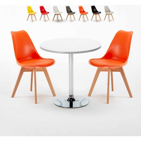 Table blanche ronde 70x70cm 2 chaises colorées d'intérieur bar café Nordica Long Island - Orange (1/5)
