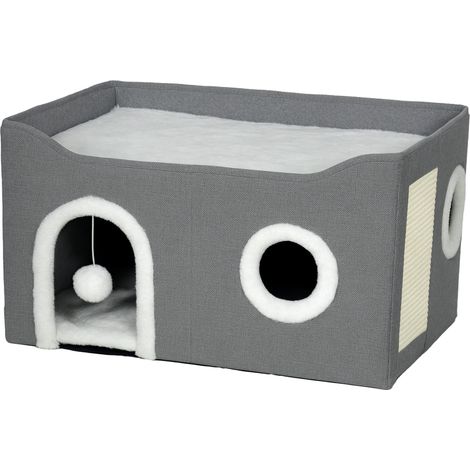 Casa para gatos plegable elevada 60 x 40 x 34 cm con rascador ahorra espacio diseño moderno ambiente acogedor de MDF gris 210007755 (1/5)