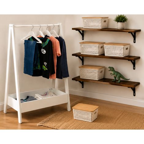 Ensemble de rangement de style industriel pour chambre d'enfant (3 pièces) – Étagères murales, bacs empilables et penderie (1/5)