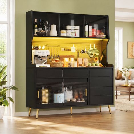 Buffet haut LED 145x39x171 cm verre rainuré noir HAVRYA (1/5)