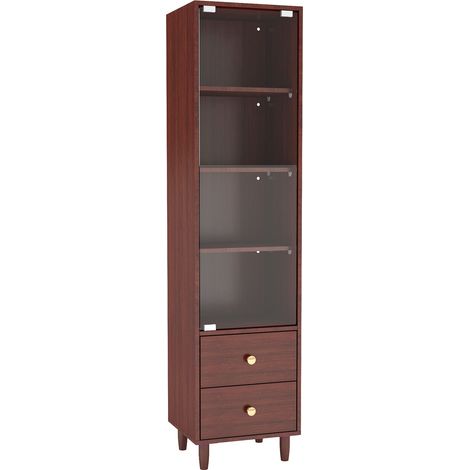 Armoire vitrine haute avec éclairage LED, bibliothèque moderne avec porte vitrée et 2 tiroirs, vitrine de collection en bois, style rétro avec poignées dorées - H165/B40/T35 cm (1/5)