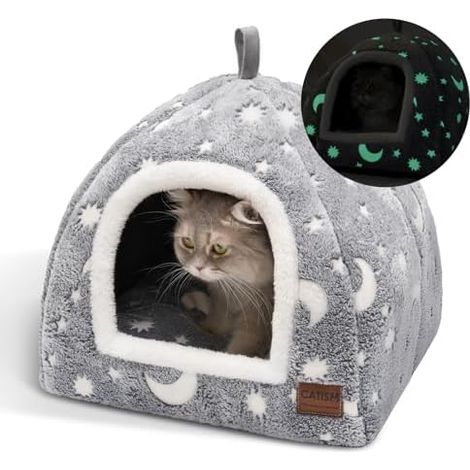 Cave Chat Lumineuse, 2-en-1, Pliable, Lavable, 40x40cm, Brille, Obscur, Doux, Animal, Compagnie (1/5)