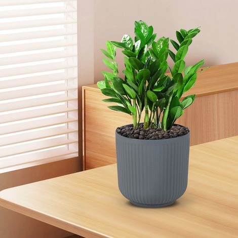 Lot de 2 Jardinières Rondes en Plastique 32cm à Rayures avec Système de Drainage en Option Gris (1/3)