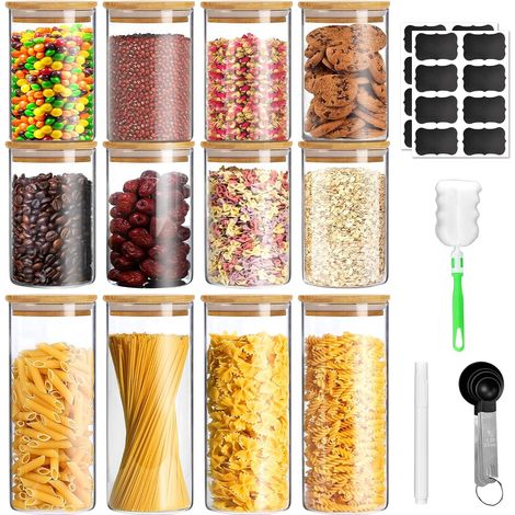 12pcs Bocal en Verre avec Couvercle,Bocaux en Verre Hermétique Pour Céréales,Cornflakes,Spaghetti-Bocaux Rangement Cuisine (550ml/950ml) (1/5)