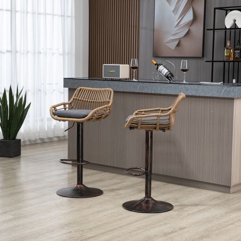 Tabourets de bar en rotin pivotants à 360° et réglables en hauteur, lot de deux, style moderne, gris (1/5)