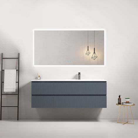 Mobile bagno sospeso cannettato 140 cm Blu Mare Lavabo a Destra in Resina Specchio Quadro Retroilluminato - Fiji Paint (1/4)