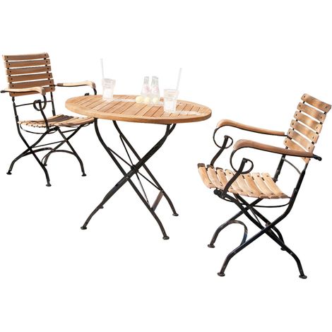 Sonnenpartner 3-teilige Sitzgruppe Oxford Ø 90 cm Teakholz und Eisen schwarz Gartentisch klappbar (1/3)