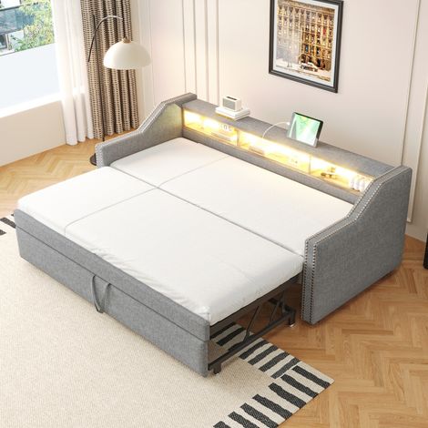 Canapé-lit escamotable 90/180x190cm – Rangement intégré avec ports USB et LED – Structure en bois FSC – Tissu en lin – Dimensions 203,5x102x74cm (1/5)