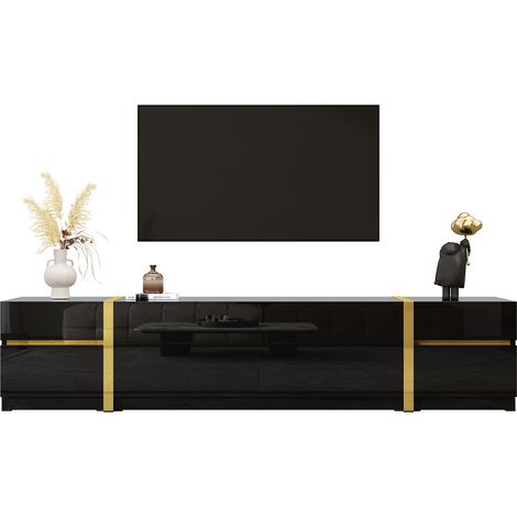 Meuble TV luxueux, finition brillante, bords dorés, avec tiroirs et portes, style moderne, offrant un grand espace de rangement pour le salon. (1/5)