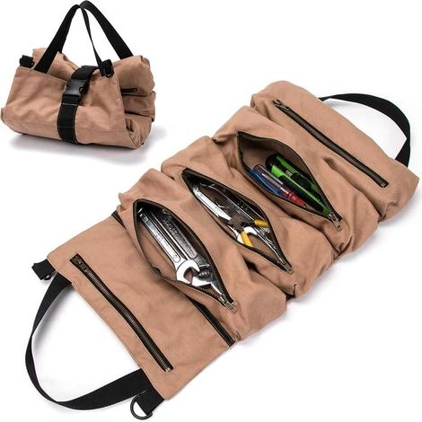 Sacoche à outils enroulable multipoches de grande taille, contenant une clé, un organisateur d'outils, un seau, des outils enroulables, des petits outils pratiques et un sac de transport (marron) (1/5)