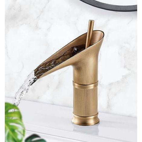 Robinet Salle de Bain Cascade, Robinet de Salle de Bain Noir Eau Chaude et Froide Mitigeur Lavabo Cascade, Robinet de Lavabo Élégant en Laiton (1/5)