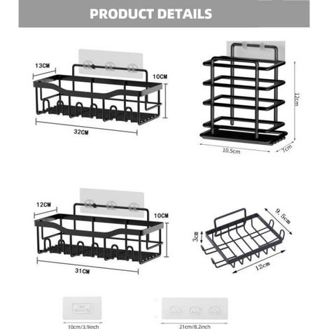 5pcs Étagères salle de bain, Porte savon douche, Étagères de douche sans perçage, Serviteurs de douche muraux en Acier Inoxydable (1/4)