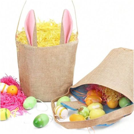 Panier en tissu de Pâques, panier oreilles de lapin, 2 paniers oreilles de lapin de Pâques, sac en toile de jute Panier à œufs de Pâques, bleu/rose (1/4)
