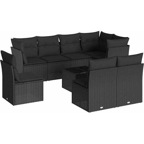 Gartenbank 9-teilig mit Kissen Schwarz Rattan