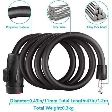 Antivol vélo Tang Yuan, câble spiralé avec clé,antivol vélo,antivol vélo avec support,longueur 120cm (1/4)