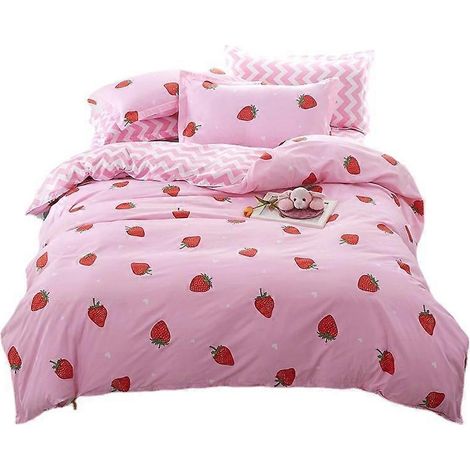 Housse de couette 4 pièces, grande taille, motif fraise, double face, rose (1/5)