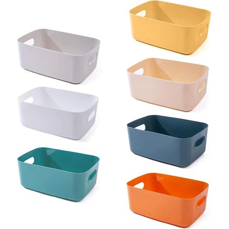 Lot de 7 boîtes de rangement en plastique avec poignées, multicolores, 20,5 x 15 x 7 cm, pour la maison, la salle de classe, la cuisine  peuvent servir d’armoires. (1/5)