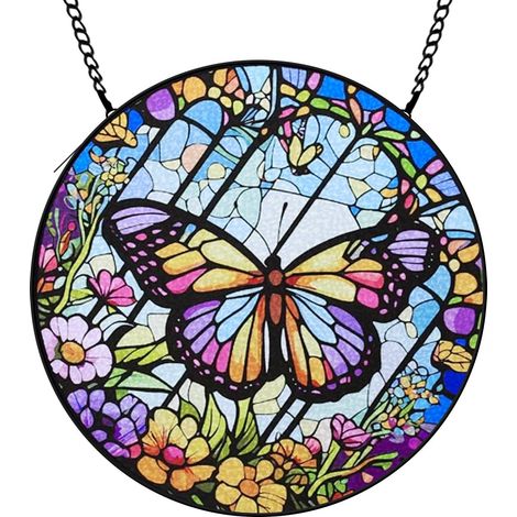 30 cmDécoration attrape-soleil fleurs oiseaux papillons, panneau vitrail fenêtre, cadeau femme (1/5)