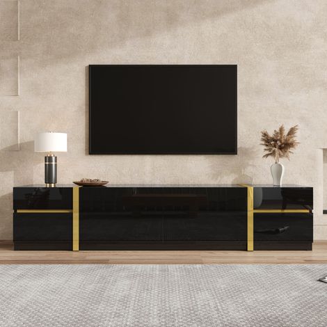 Mueble para TV de MDF y tablero de partículas negro brillo, 180 x 40 x 38 cm, 4 cajones y 2 puertas (1/5)