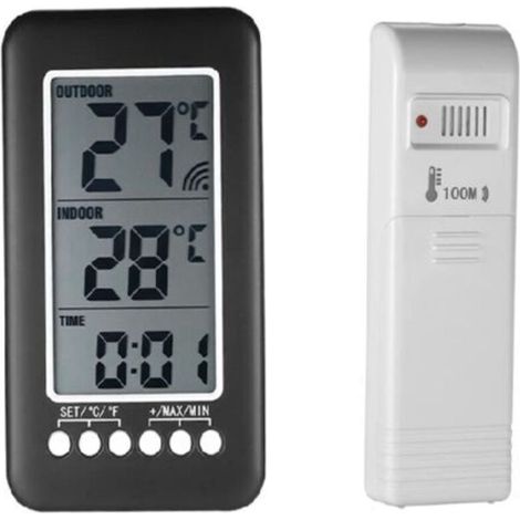 Thermomètre Interieur et Exterieur sans fil 2 en 1 Horloge Thermomètre LCD ℃ / ℉ Thermomètre Intérieur / Extérieur Numérique Horloge Mesure de Température avec Transmetteur