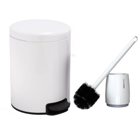 Poubelles de Salle Bain 5L avec brosse WC, Petite Poubelle à Pédale en Acier inoxydable Blanche, Corbeille de Cuisine, Poubelle avec Couvercle et Seau Intérieur, Espace étroit (1/5)